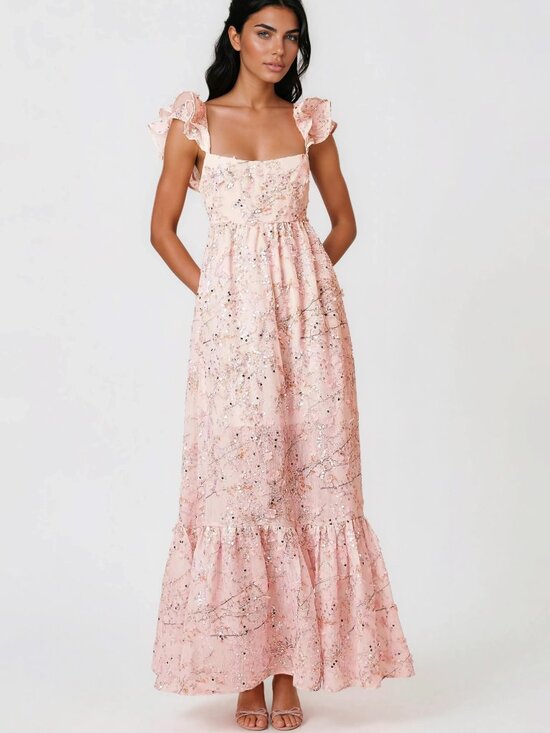 Elliatt Dresses & Skirts - Elliatt Regina Pink 3D Flower & Sequin Embellished Ruffle Maxi Dress